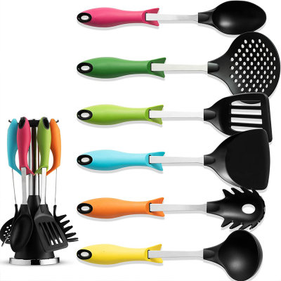 Custom Colourful household Kitchen Cooking stuff chinese innovative premium nylon utensils set for rack camping cookware