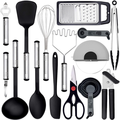 From china manufacturer private label black kitchen stainless steel accessories nylon cooking utensils set equipment for home