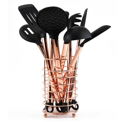 Amazon product Rose gold  kitchen soft silicone cooking utensil spatula set for Nonstick with Stainless Steel copper Handle