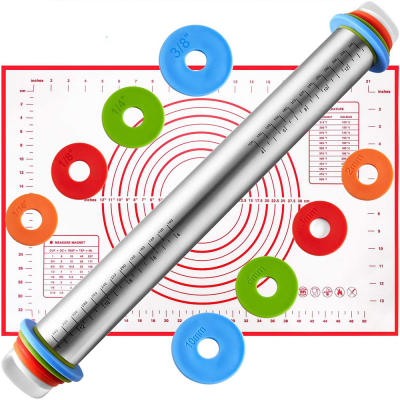 Custom adjustable metal stainless steel Dough Roller non stick rolling pin with thickness rings and silicon baking mat set