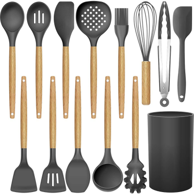 Custom High quality 14 pcs household kitchen silicone cooking utensils set with wooden heat proof handle black silicon holder